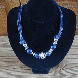 Cute navy leather string w/silver tone/blue beads choker necklace
